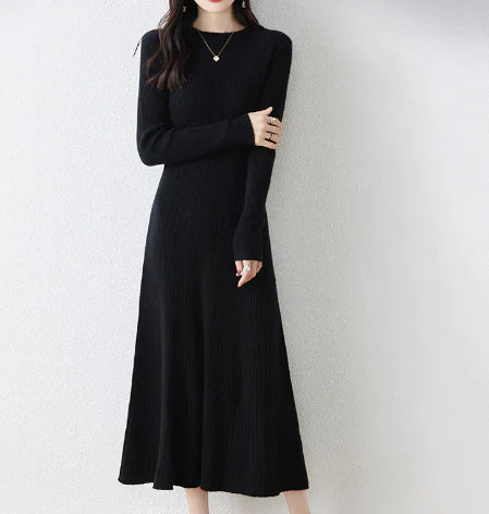 Autumn Winter Women's Long Wool Knit Dress, High Waist