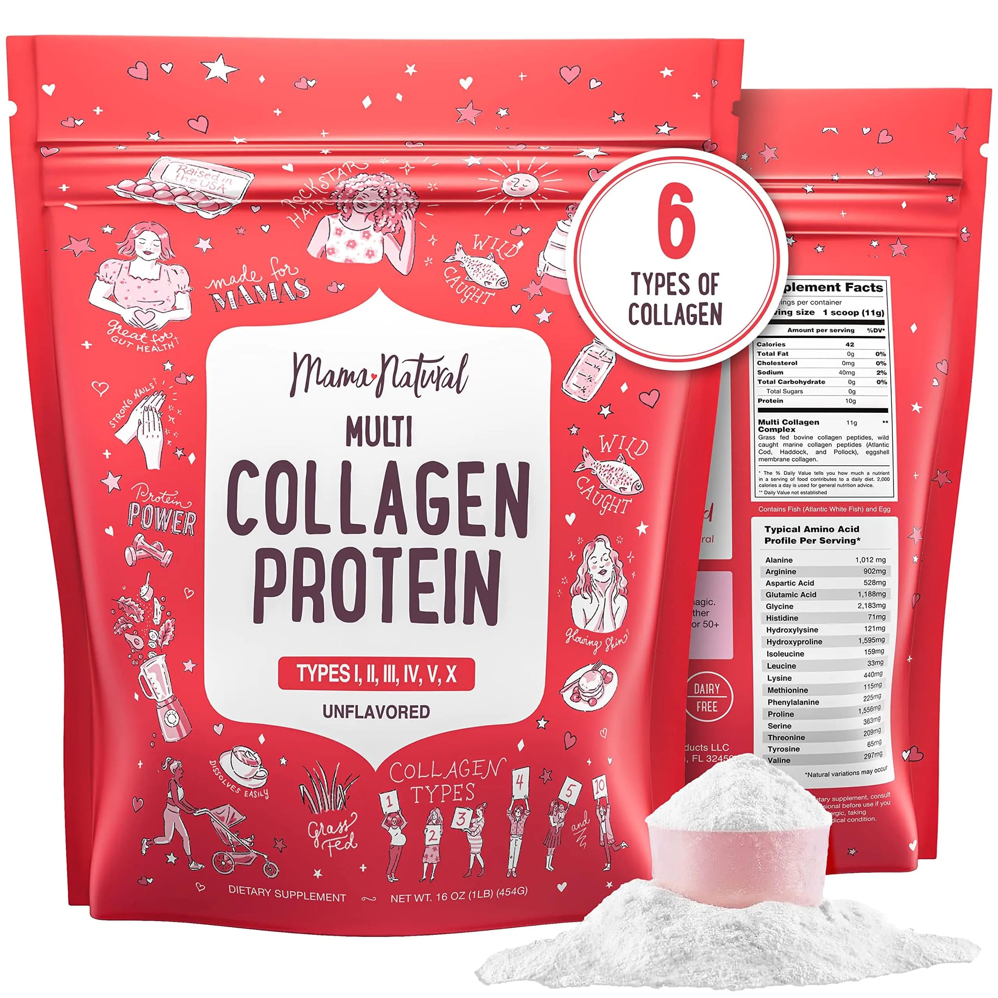 Multi Collagen Protein Powder Type I II III IV V X - Unflavored & Hydrolyzed 16Oz Pure Collagen Peptides Powder - Grass Fed Beef Wild Fish Marine & USA Eggshell - Whole Body Collagen