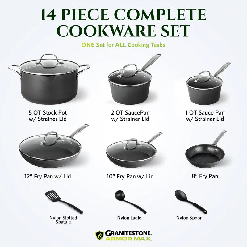 Armor Max 14 Piece Hard Anodized Nonstick Durable Cookware Set, Stay Cool Handles, Oven & Dishwasher Safe
