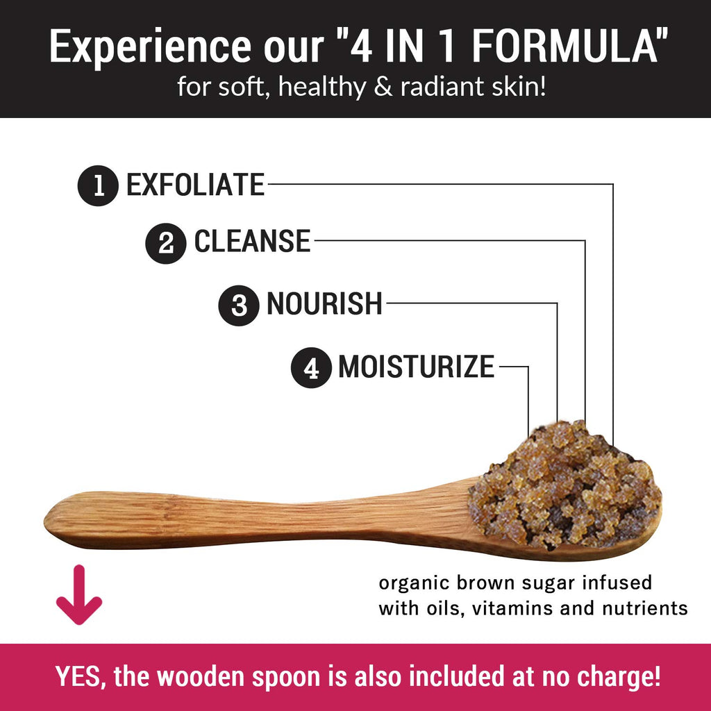 Premium Unscented Brown Sugar Body Scrub | Large 16Oz Jar | Face, Feet & Full Body Scrub | Includes Wooden Spoon, Loofah & Mini Exfoliating Bar Soap