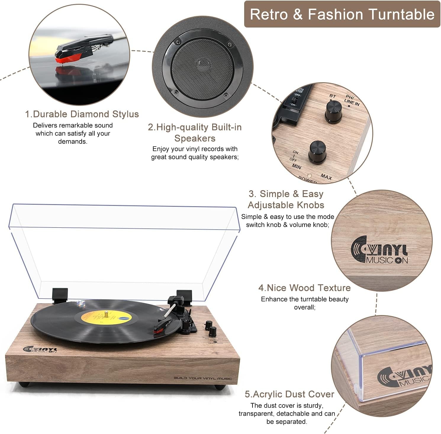 Vintage Turntable, Bluetooth Record Player, Built-In Dual Stereo Speakers, 3-Speed Belt-Drive Turntable, Record Player with Wireless Playback & Auto-Stop,Light Brown Wood