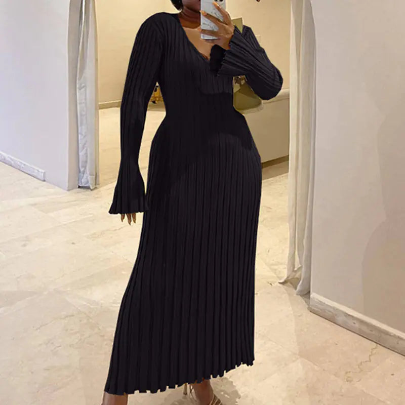 2023 Women's Knit Long Dress with V-Neck and Waist Tie