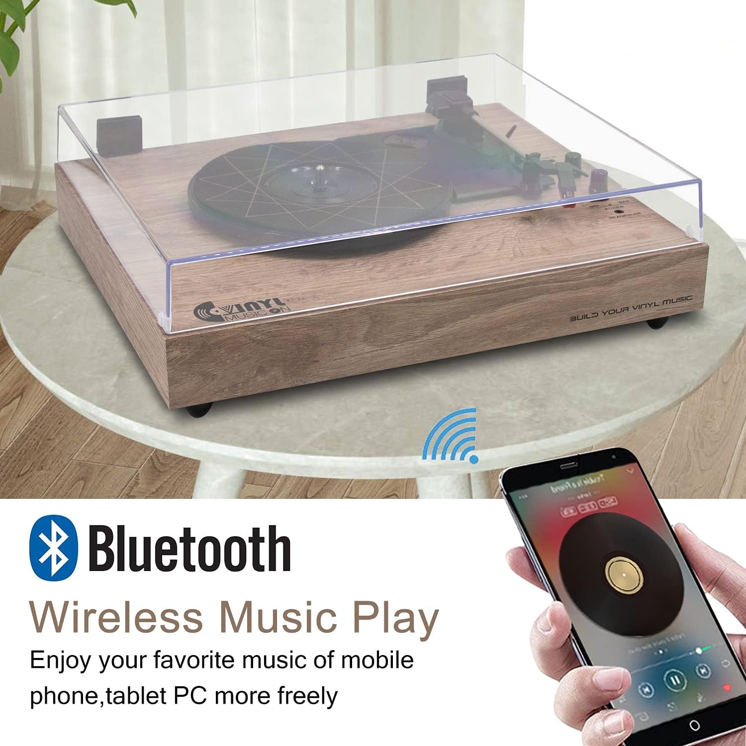 Vintage Turntable, Bluetooth Record Player, Built-In Dual Stereo Speakers, 3-Speed Belt-Drive Turntable, Record Player with Wireless Playback & Auto-Stop,Light Brown Wood