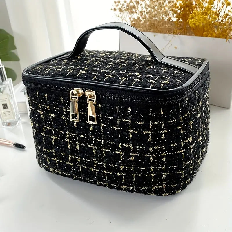 Plaid Print Large Capacity Makeup Bag with Handle