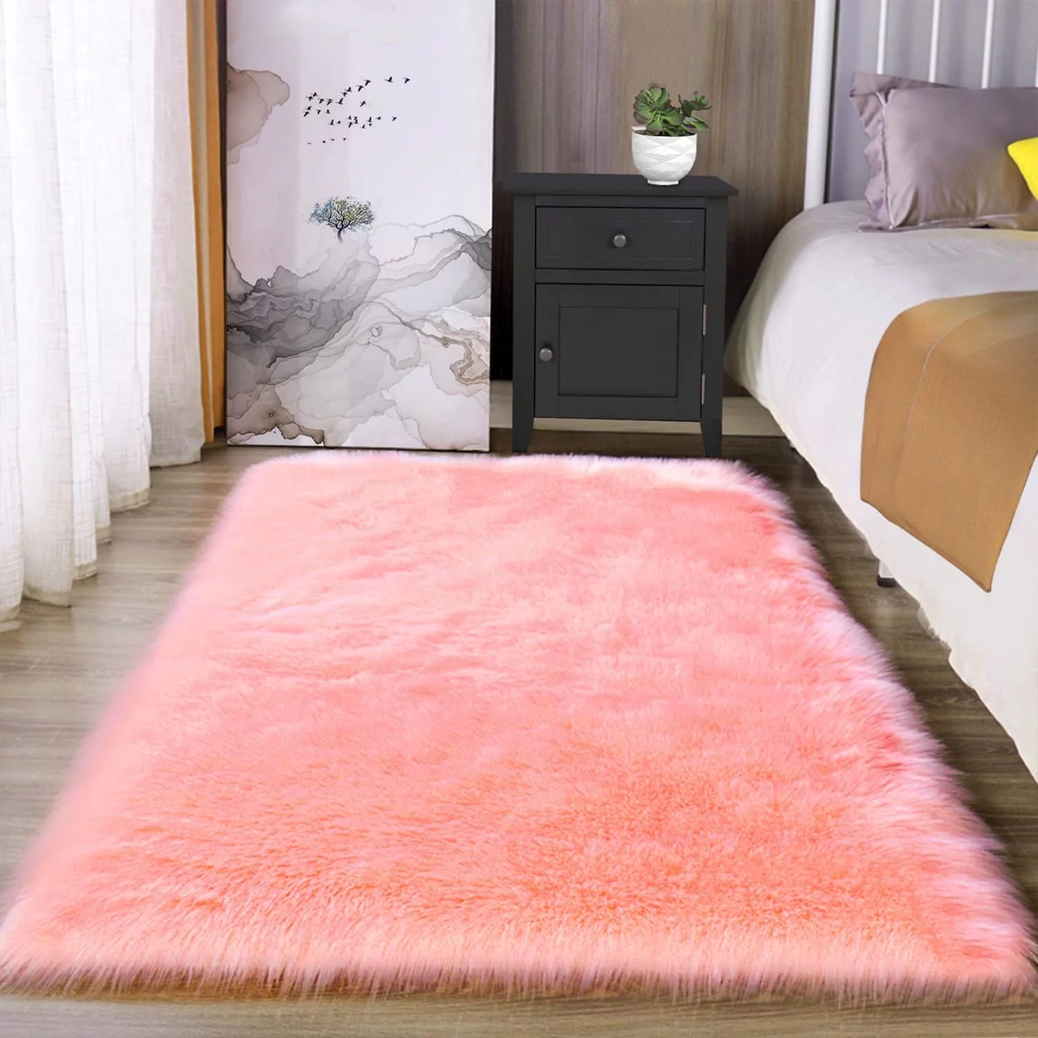 Fur Rug 3X5, Faux Fur Sheepskin Rug for Living Room, Fuzzy Rugs for Teen Girls Bedroom, Nursery, Luxury Room Decor, Pink Fur Rug, Rectangle