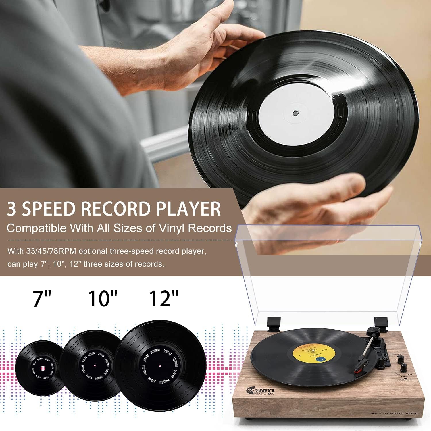 Vintage Turntable, Bluetooth Record Player, Built-In Dual Stereo Speakers, 3-Speed Belt-Drive Turntable, Record Player with Wireless Playback & Auto-Stop,Light Brown Wood