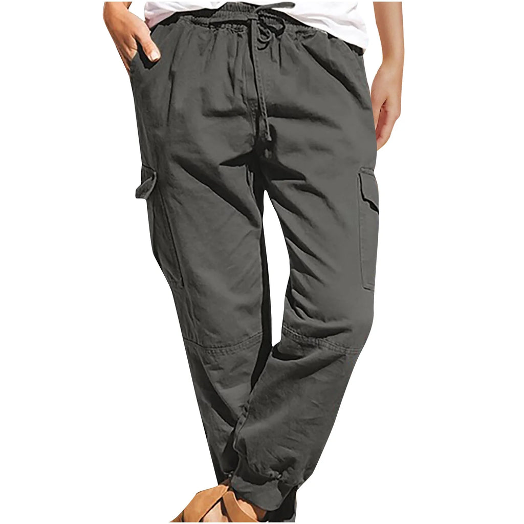 Long Pants for Women Trendy Women plus Size Drawstring Casual Solid Elastic Waist Pocket Loose Pants Gray L JE