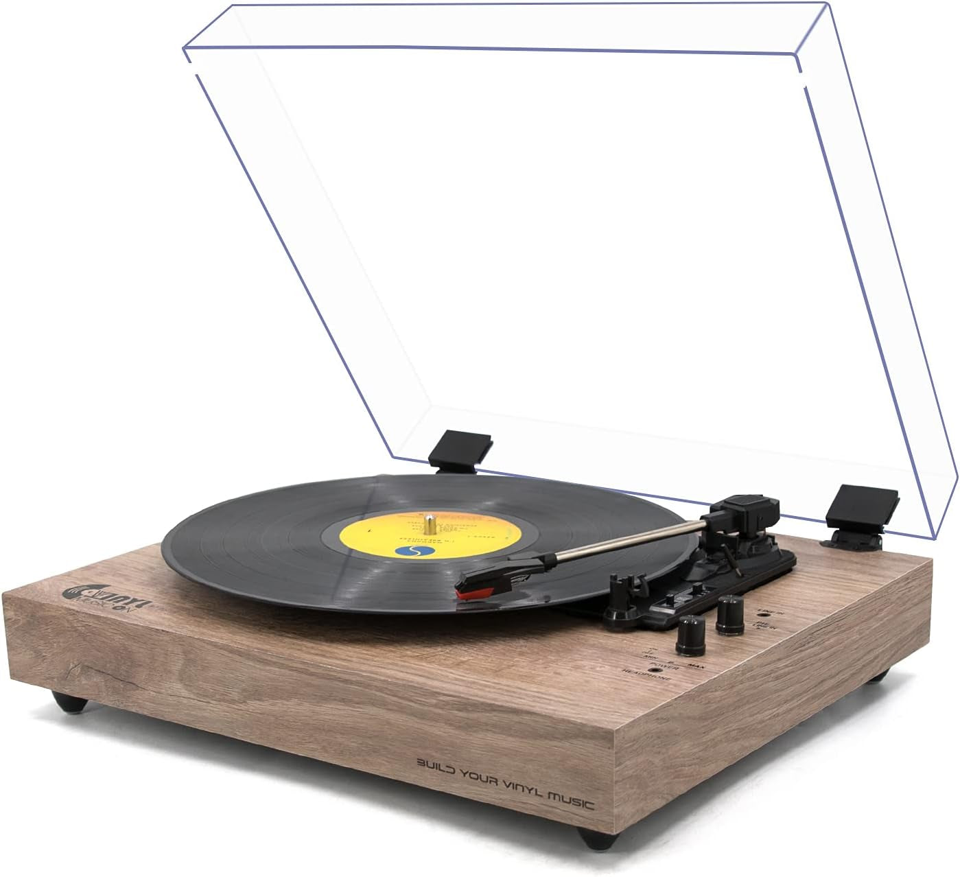 Vintage Turntable, Bluetooth Record Player, Built-In Dual Stereo Speakers, 3-Speed Belt-Drive Turntable, Record Player with Wireless Playback & Auto-Stop,Light Brown Wood