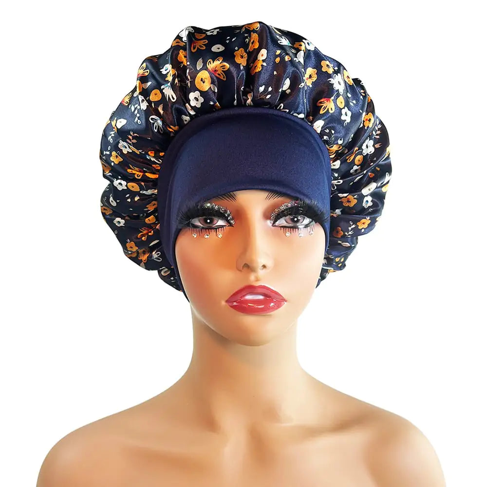Wide-Brimmed Satin Printed Shower Cap for Beauty