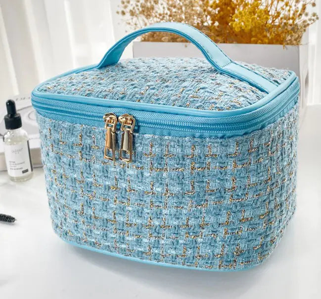 Plaid Print Large Capacity Makeup Bag with Handle