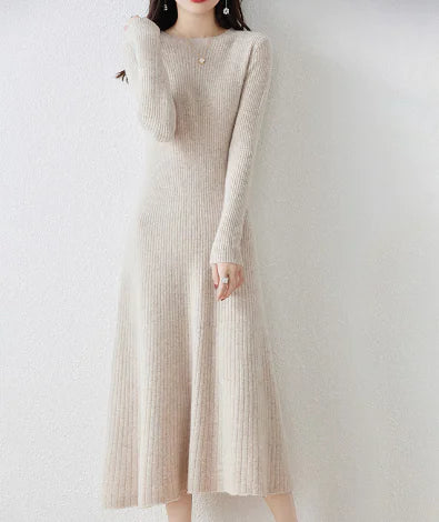 Autumn Winter Women's Long Wool Knit Dress, High Waist