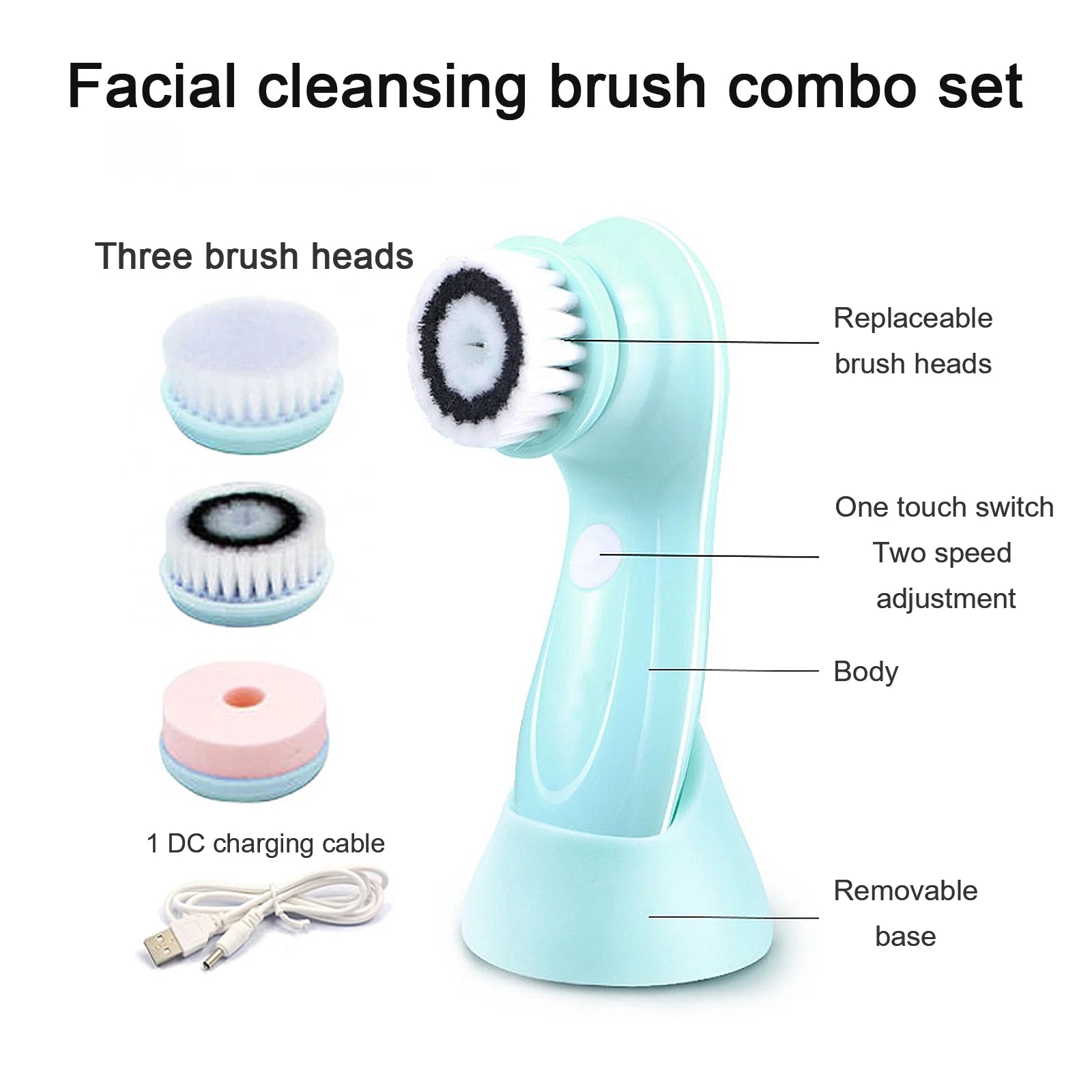 ZOUYUE Facial Cleansing Brush, Face Brushes for Cleansing and Exfoliating with 3 Rotating Head , Removing Blackhead, Fully Rechargeable (Blue)