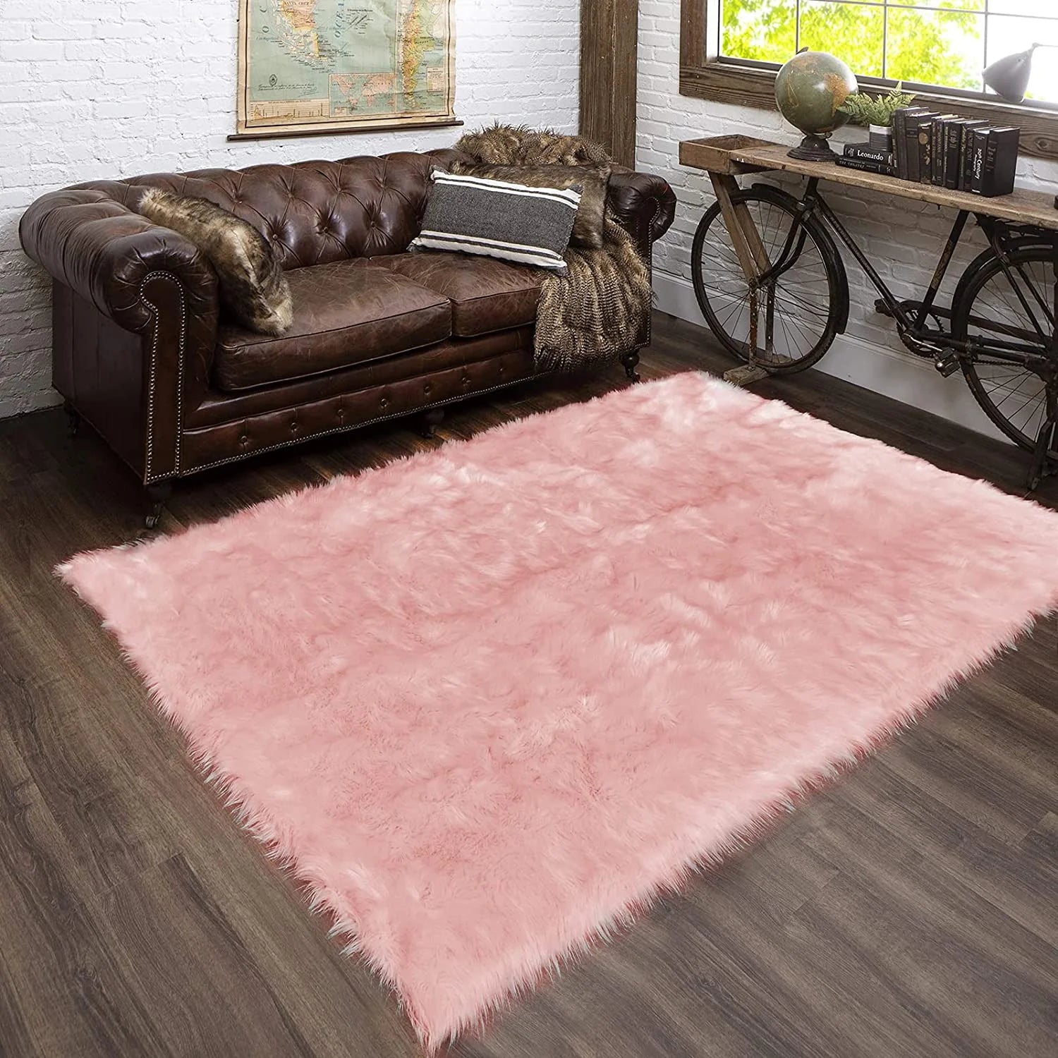 Fur Rug 3X5, Faux Fur Sheepskin Rug for Living Room, Fuzzy Rugs for Teen Girls Bedroom, Nursery, Luxury Room Decor, Pink Fur Rug, Rectangle