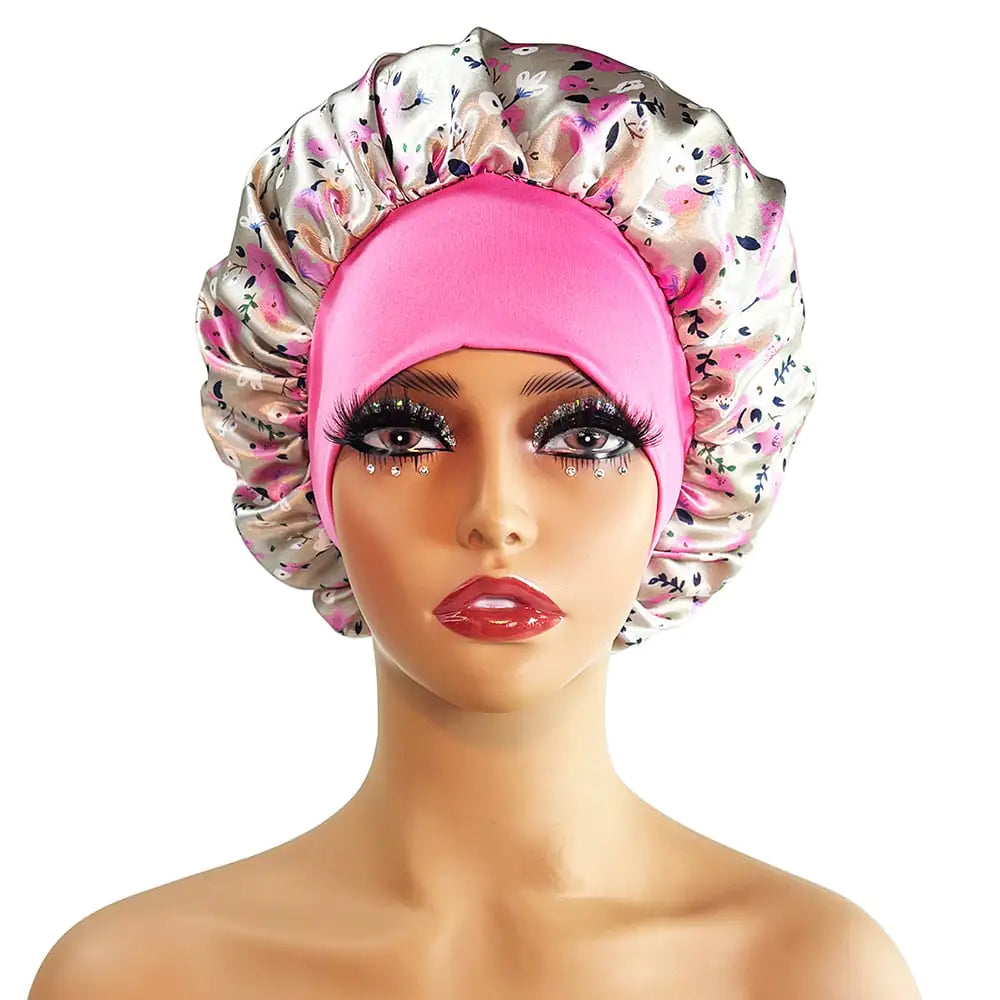Wide-Brimmed Satin Printed Shower Cap for Beauty