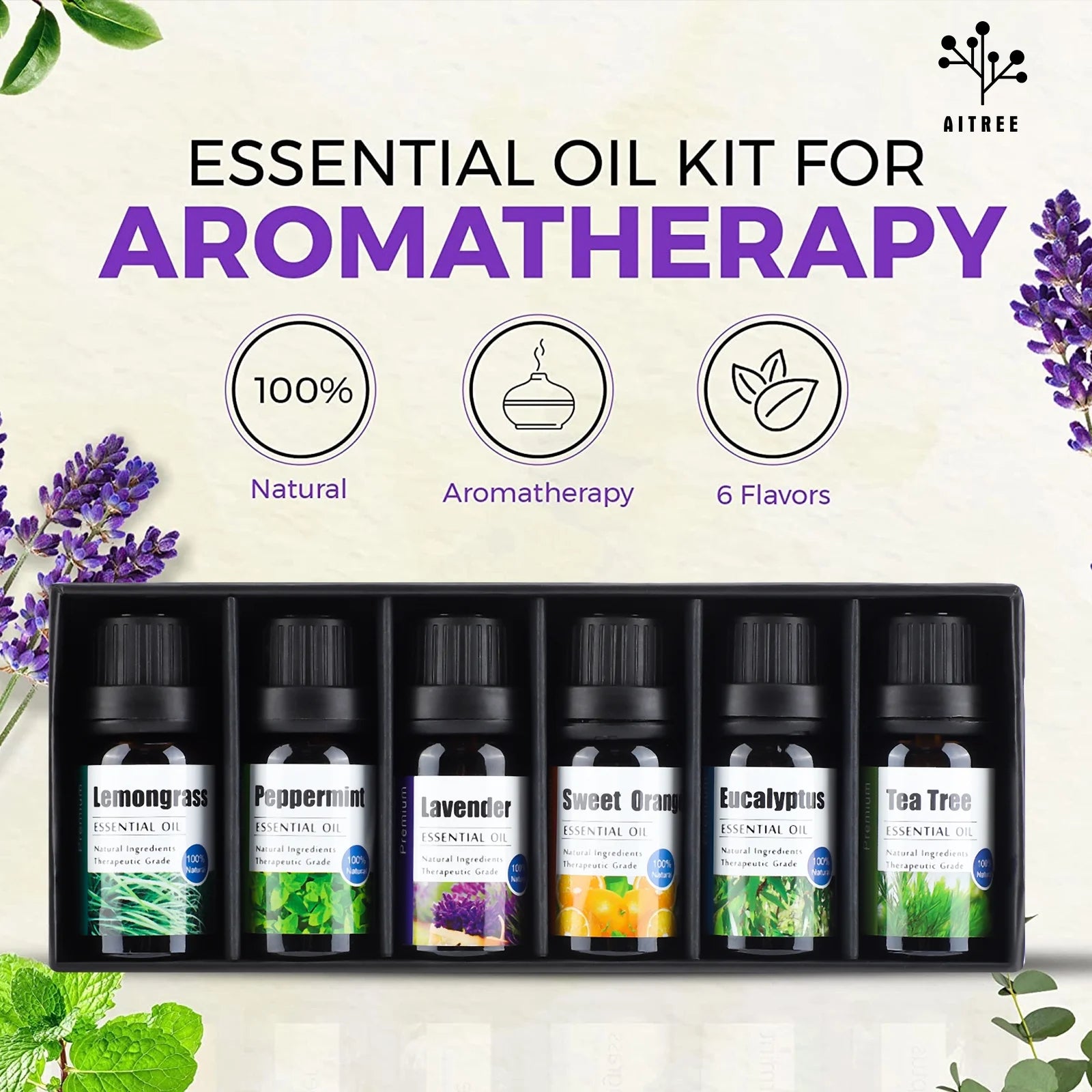 Essential Oils Set for Diffusers - Home Aromatherapy Oils Gift Set, 100% Natural Diffusers Oil Scents for Home, 6X10Ml (Lavender, Eucalyptus, Lemon Grass, Sweet Orange, Peppermint, Tea Tree)