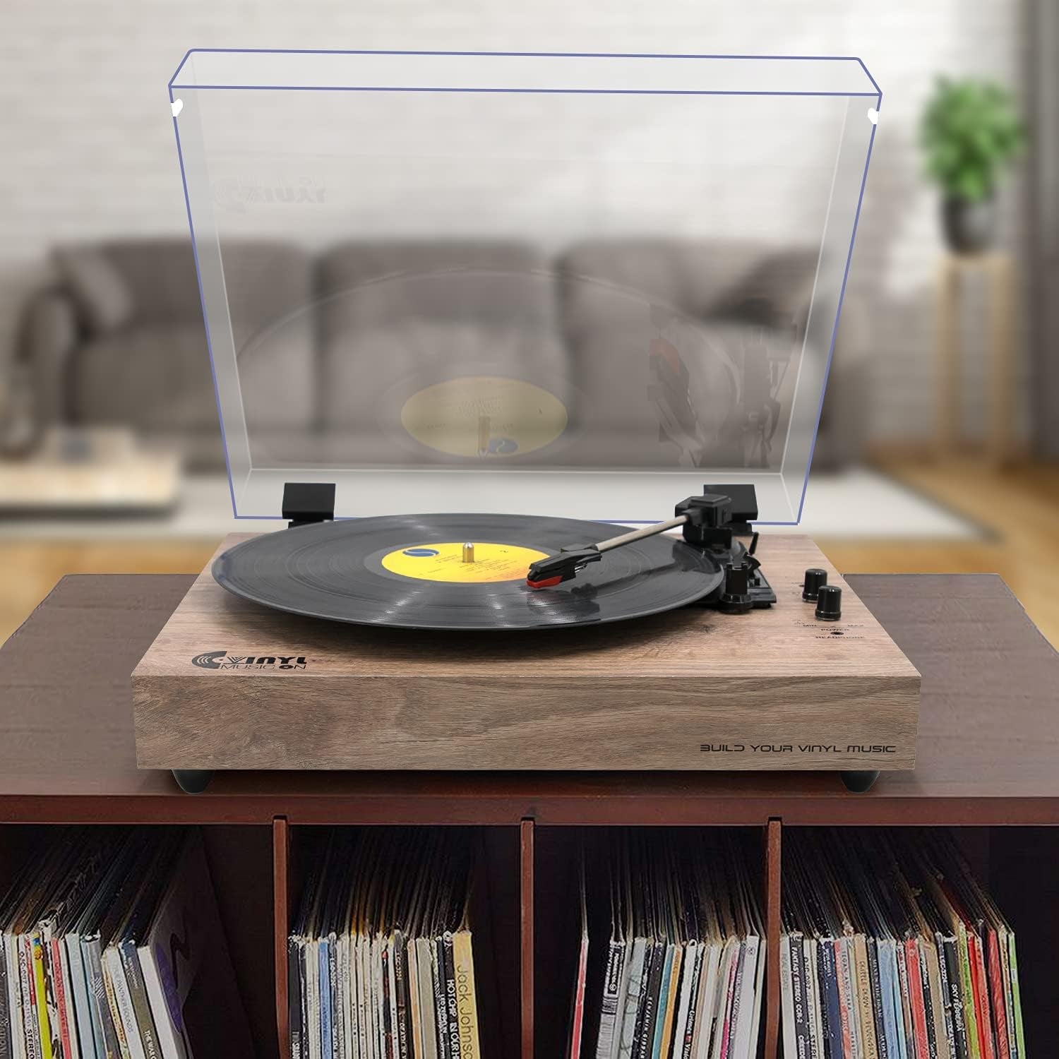 Vintage Turntable, Bluetooth Record Player, Built-In Dual Stereo Speakers, 3-Speed Belt-Drive Turntable, Record Player with Wireless Playback & Auto-Stop,Light Brown Wood