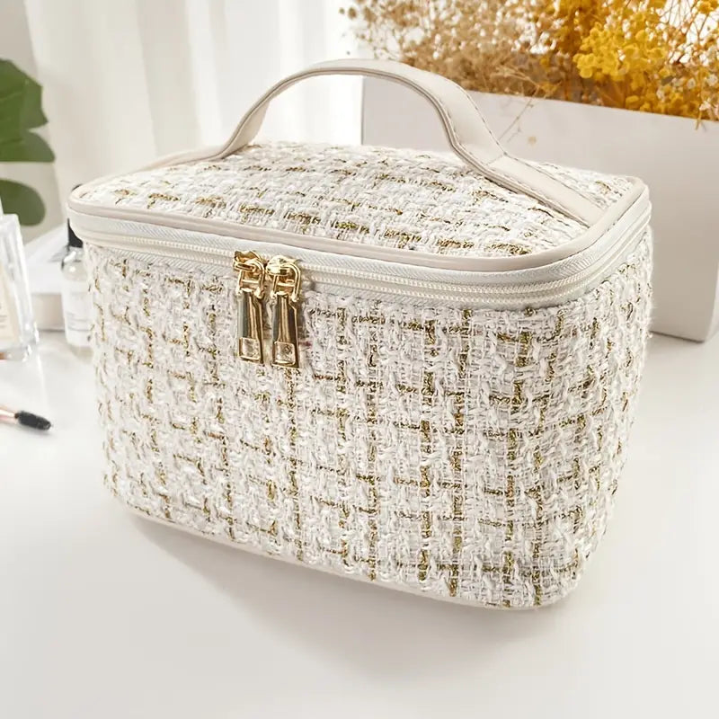Plaid Print Large Capacity Makeup Bag with Handle