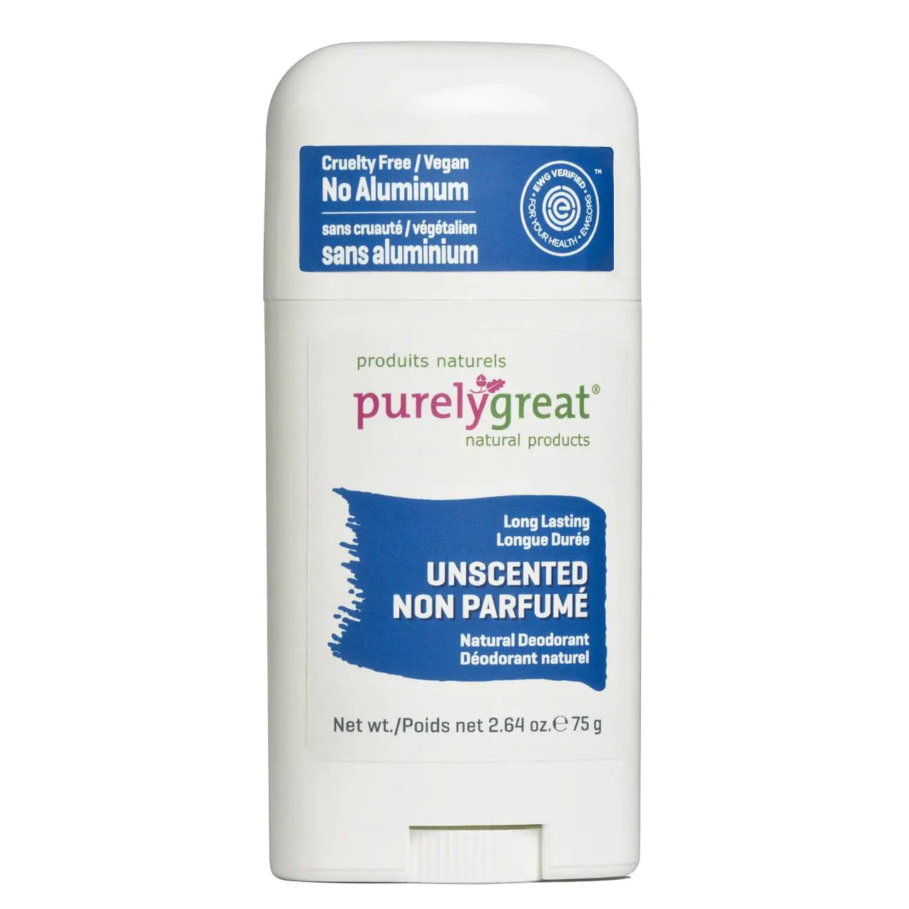 Purelygreat Natural Deodorant Stick Unscented EWG Verified Vegan Cruelty-Free No Aluminium No Parabens