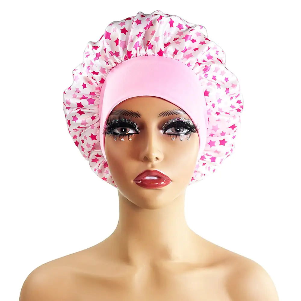 Wide-Brimmed Satin Printed Shower Cap for Beauty