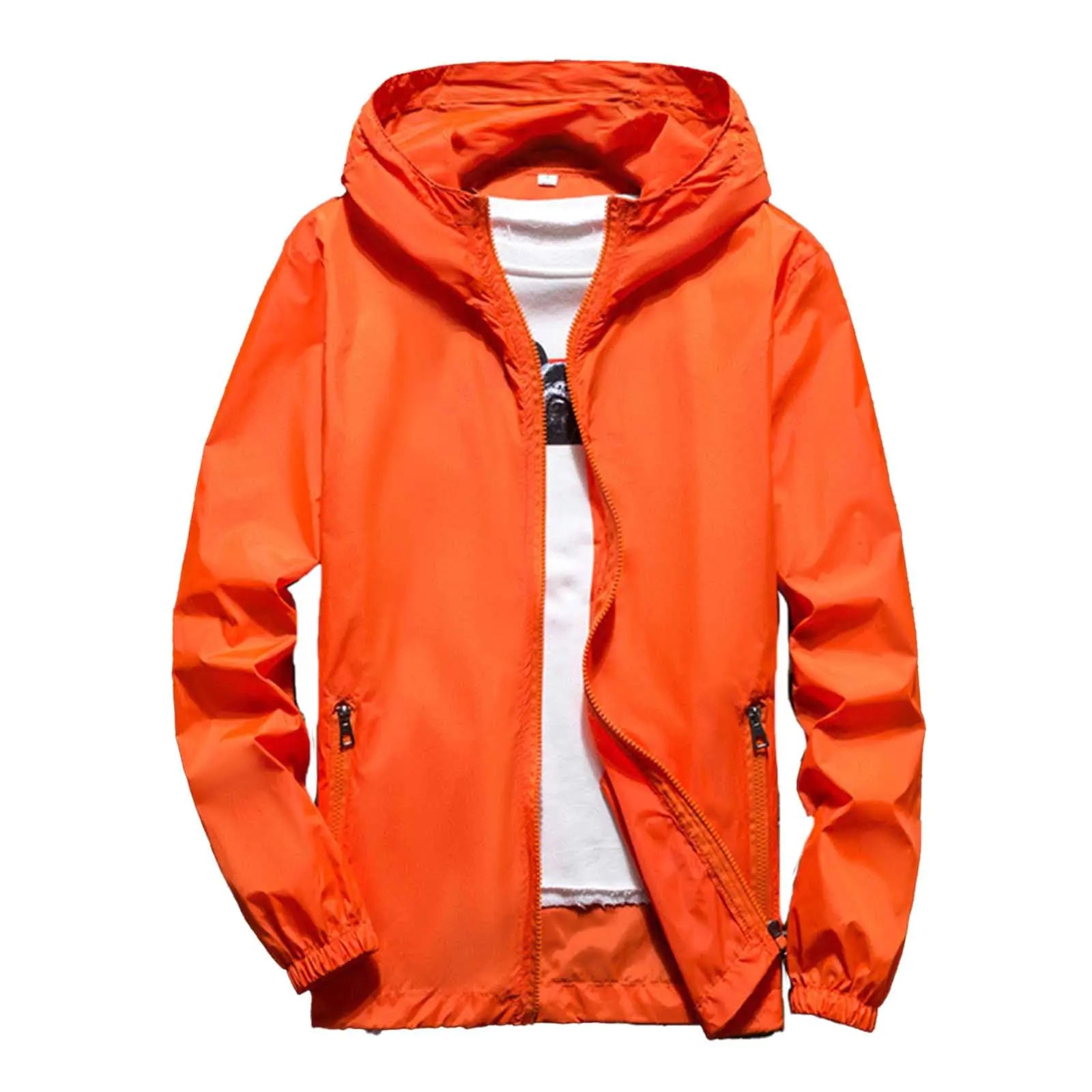 uhnmki Mens Lightweight Waterproof Rain Jacket Windbreaker Casual Refleciton Zip Up Jackets with Hood Mens (Orange XXL)