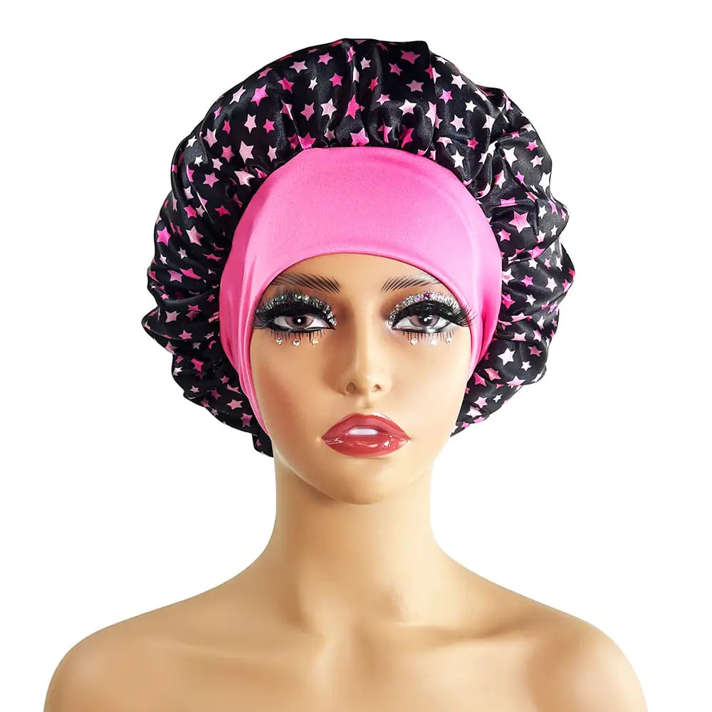 Wide-Brimmed Satin Printed Shower Cap for Beauty