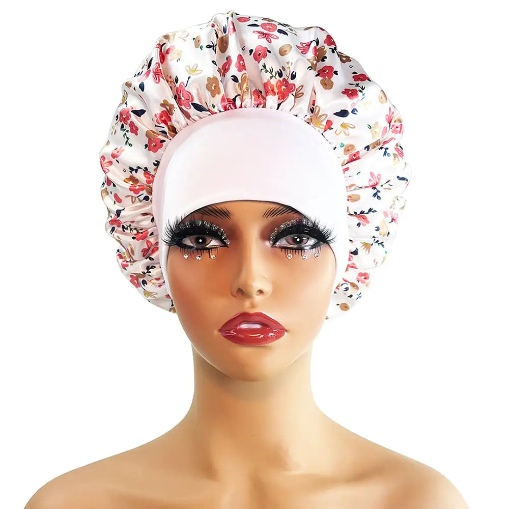 Wide-Brimmed Satin Printed Shower Cap for Beauty