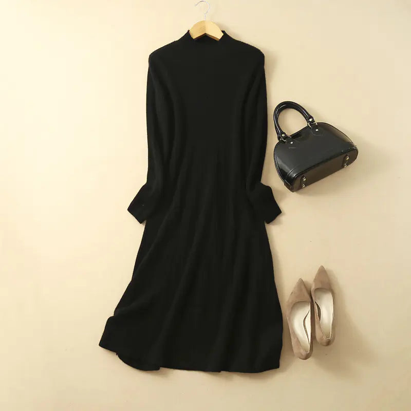 Autumn Winter Women's Long Wool Knit Dress, High Waist