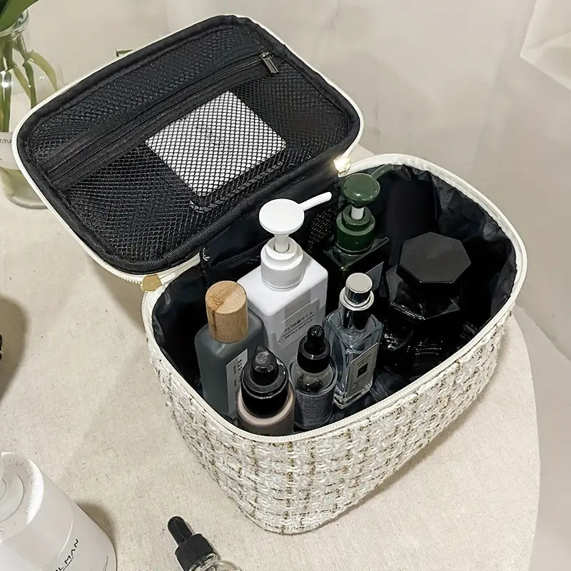 Plaid Print Large Capacity Makeup Bag with Handle
