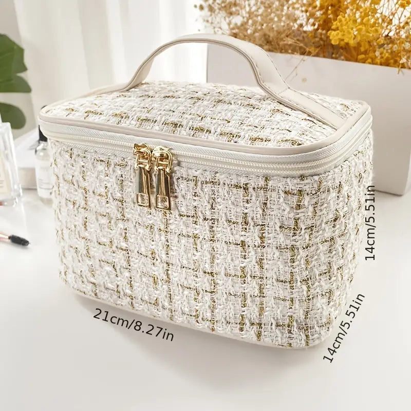 Plaid Print Large Capacity Makeup Bag with Handle
