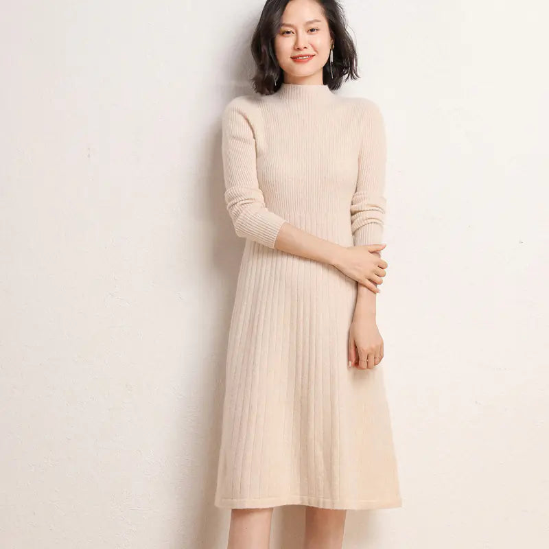 Autumn Winter Women's Long Wool Knit Dress, High Waist