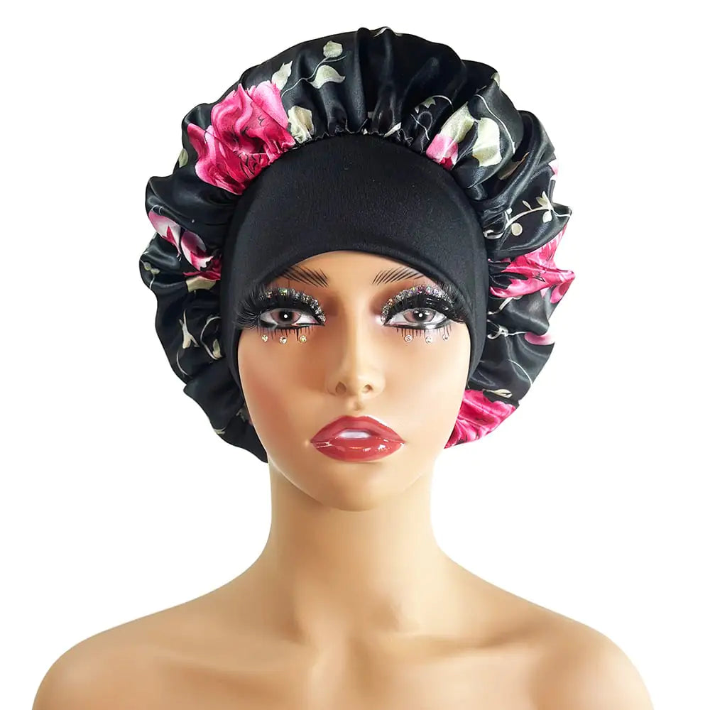 Wide-Brimmed Satin Printed Shower Cap for Beauty