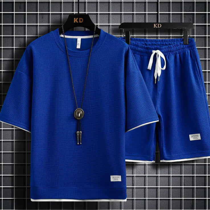 Men's Waffle Sports Leisure Set - Loose Fit Short Sleeve