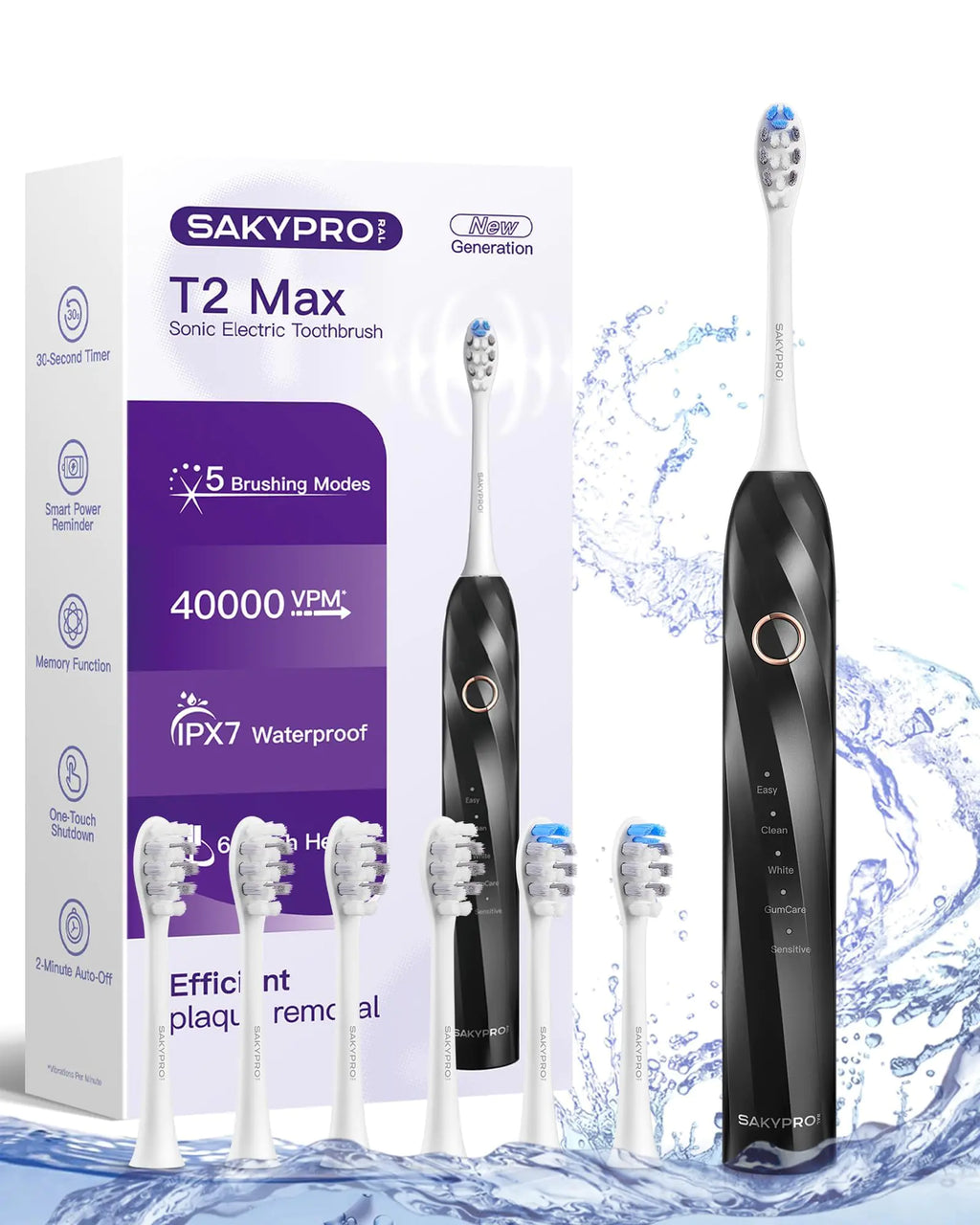 SAKYPRORAL 40000 VPM Electric Toothbrush for Adults & Kids - Ultra Whitening Sonic Toothbrushes – 5 Modes with Smart Timer – 70-Day Long-Lasting Rechargeable Toothbrush 6 Soft Brush Heads (T2 Max)