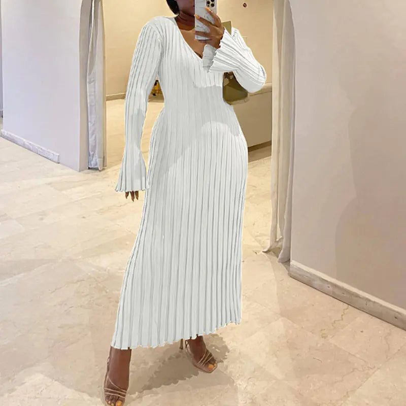 2023 Women's Knit Long Dress with V-Neck and Waist Tie