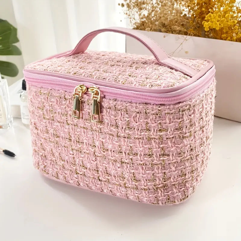 Plaid Print Large Capacity Makeup Bag with Handle