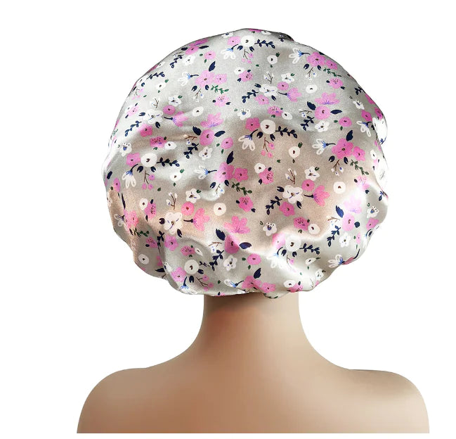 Wide-Brimmed Satin Printed Shower Cap for Beauty