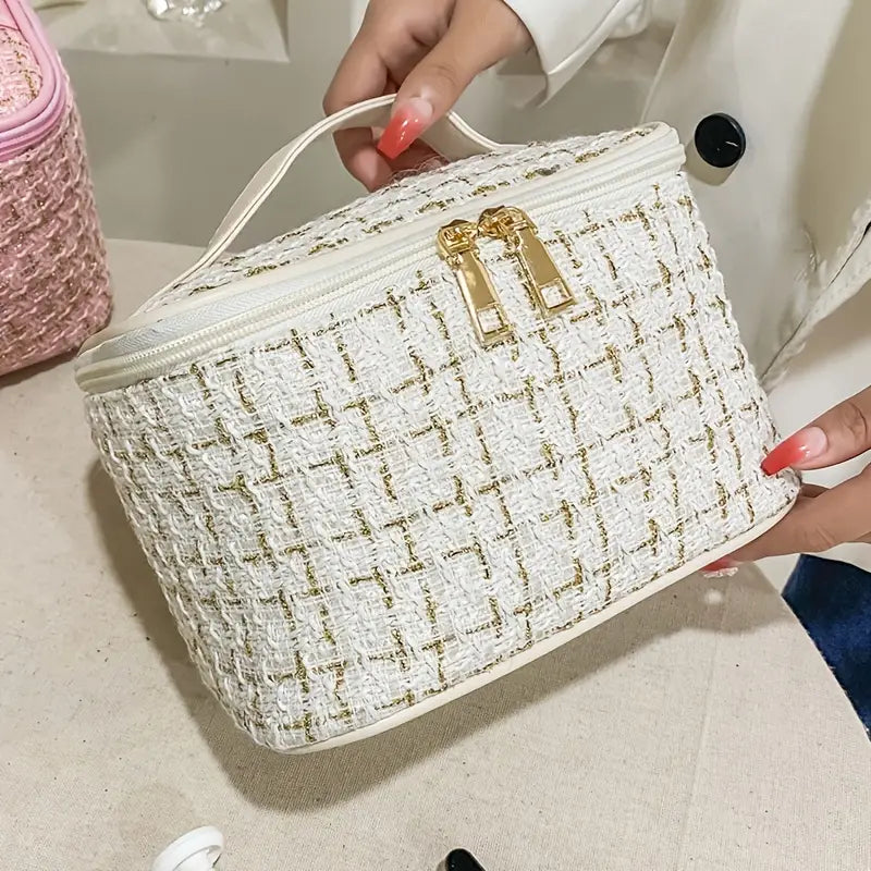 Plaid Print Large Capacity Makeup Bag with Handle