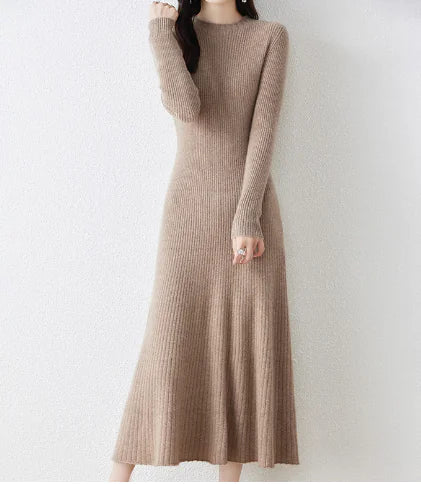 Autumn Winter Women's Long Wool Knit Dress, High Waist