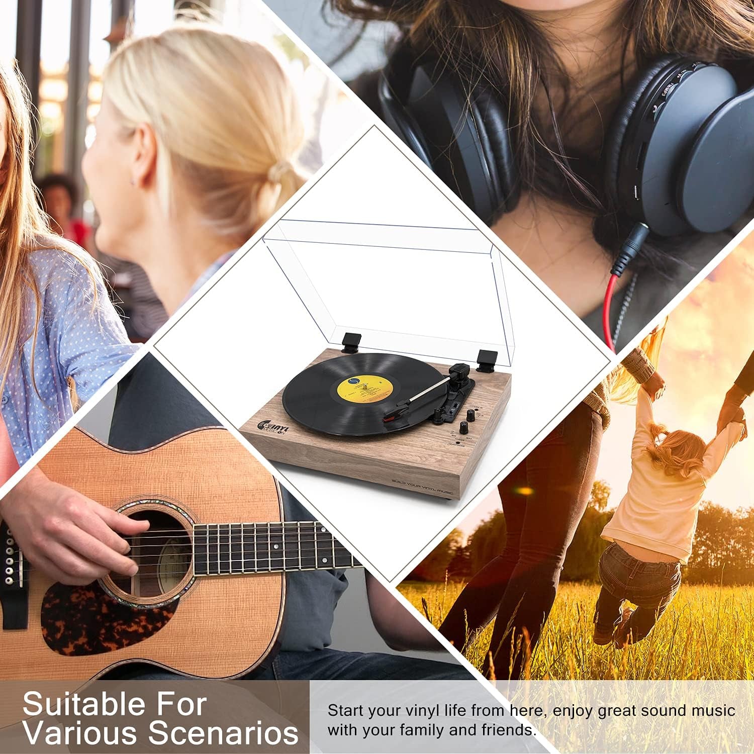 Vintage Turntable, Bluetooth Record Player, Built-In Dual Stereo Speakers, 3-Speed Belt-Drive Turntable, Record Player with Wireless Playback & Auto-Stop,Light Brown Wood