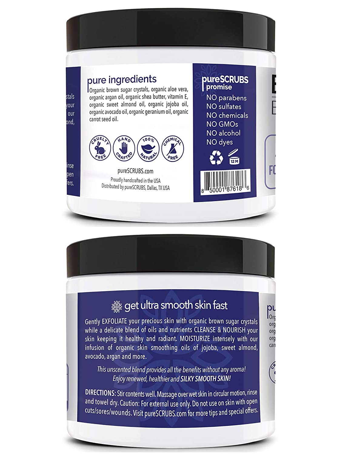 Premium Unscented Brown Sugar Body Scrub | Large 16Oz Jar | Face, Feet & Full Body Scrub | Includes Wooden Spoon, Loofah & Mini Exfoliating Bar Soap