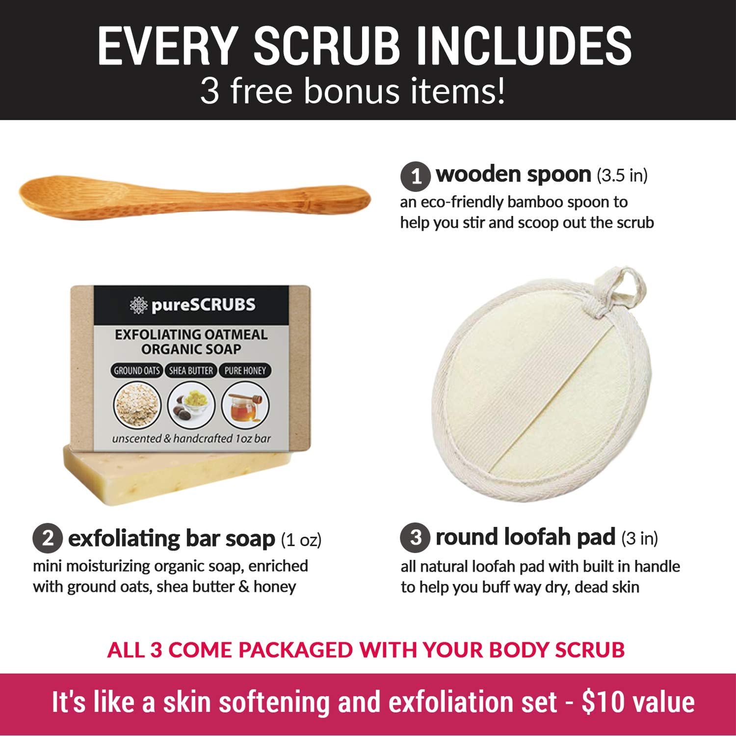 Premium Unscented Brown Sugar Body Scrub | Large 16Oz Jar | Face, Feet & Full Body Scrub | Includes Wooden Spoon, Loofah & Mini Exfoliating Bar Soap