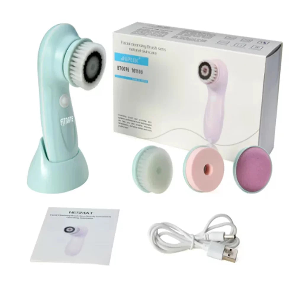 ZOUYUE Facial Cleansing Brush, Face Brushes for Cleansing and Exfoliating with 3 Rotating Head , Removing Blackhead, Fully Rechargeable (Blue)