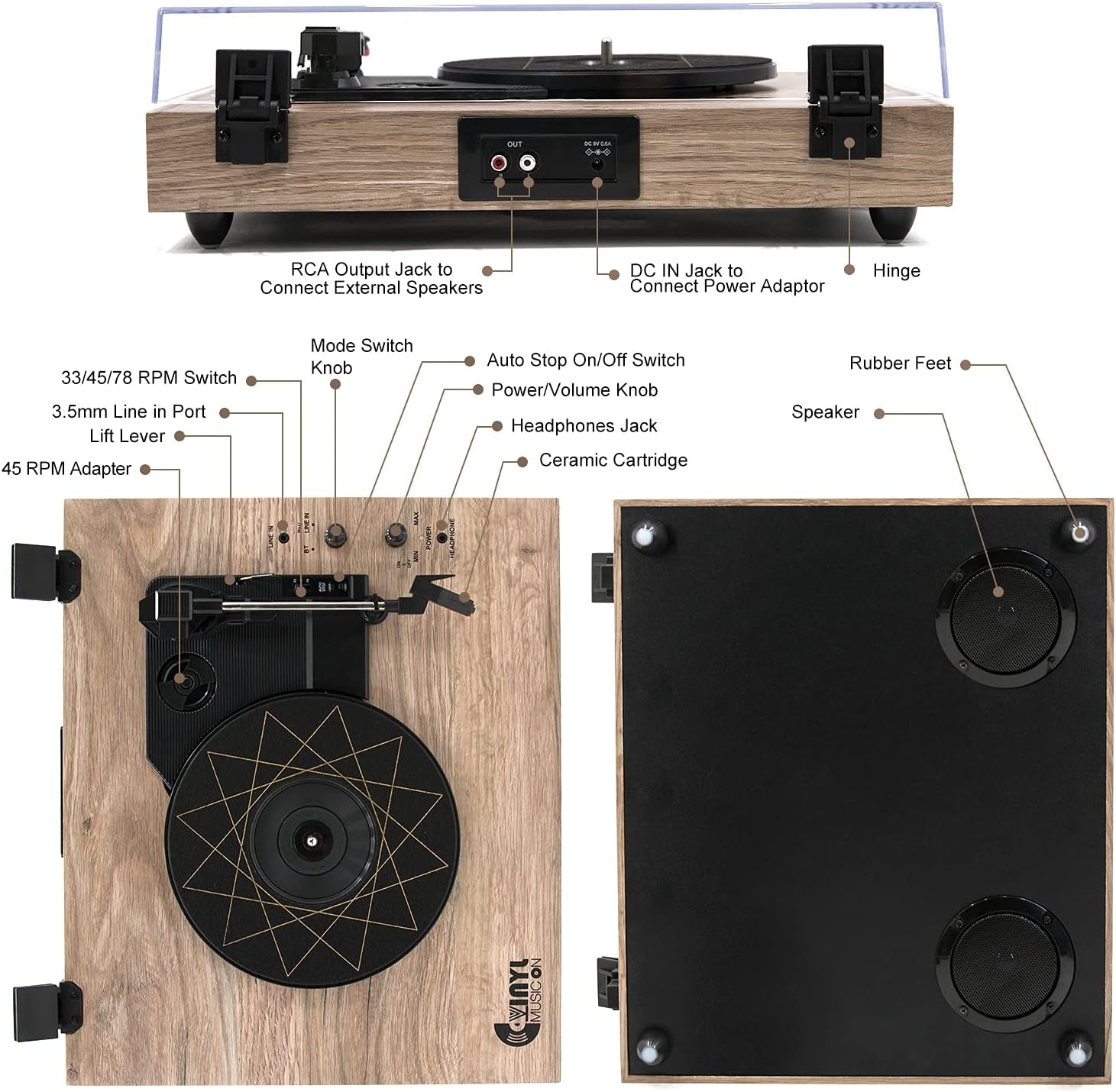 Vintage Turntable, Bluetooth Record Player, Built-In Dual Stereo Speakers, 3-Speed Belt-Drive Turntable, Record Player with Wireless Playback & Auto-Stop,Light Brown Wood