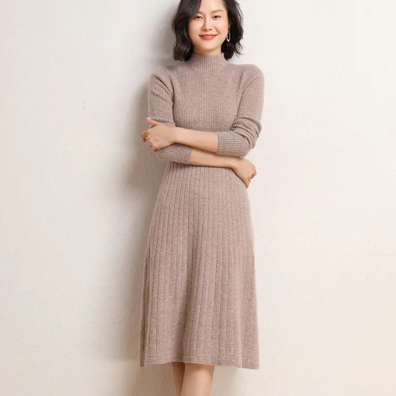 Autumn Winter Women's Long Wool Knit Dress, High Waist