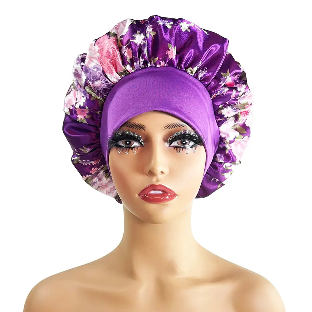 Wide-Brimmed Satin Printed Shower Cap for Beauty