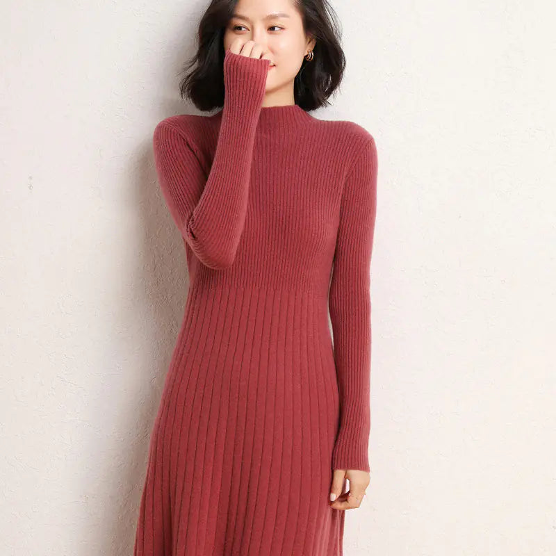 Autumn Winter Women's Long Wool Knit Dress, High Waist