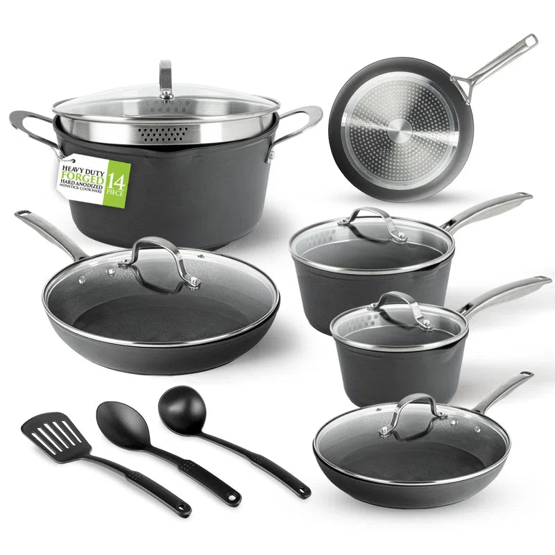 Armor Max 14 Piece Hard Anodized Nonstick Durable Cookware Set, Stay Cool Handles, Oven & Dishwasher Safe