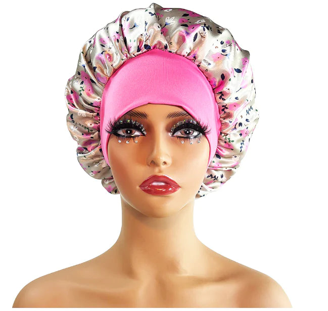 Wide-Brimmed Satin Printed Shower Cap for Beauty