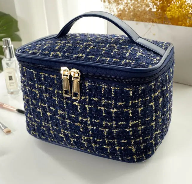 Plaid Print Large Capacity Makeup Bag with Handle
