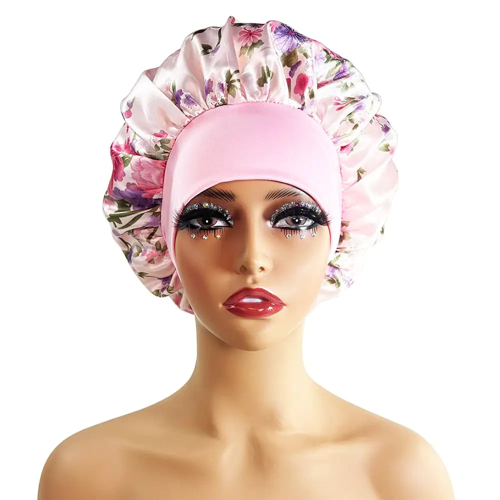 Wide-Brimmed Satin Printed Shower Cap for Beauty